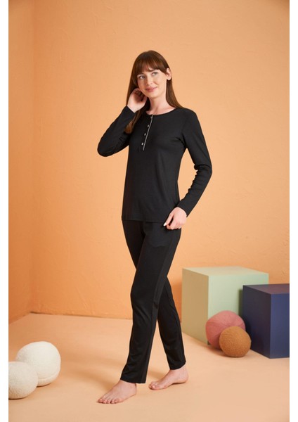 Kadın Siyah Uzun Kol Pijama Takımı 28048