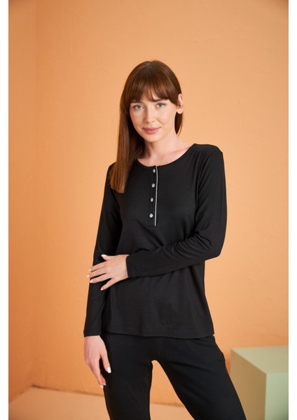 Kadın Siyah Uzun Kol Pijama Takımı 28048 fiyatları
