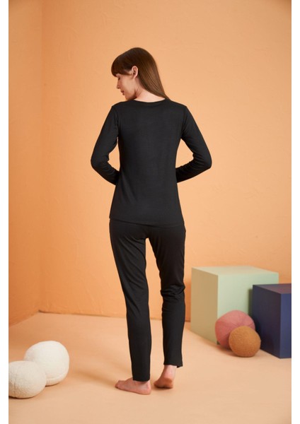 Kadın Siyah Uzun Kol Pijama Takımı 28048 modelleri