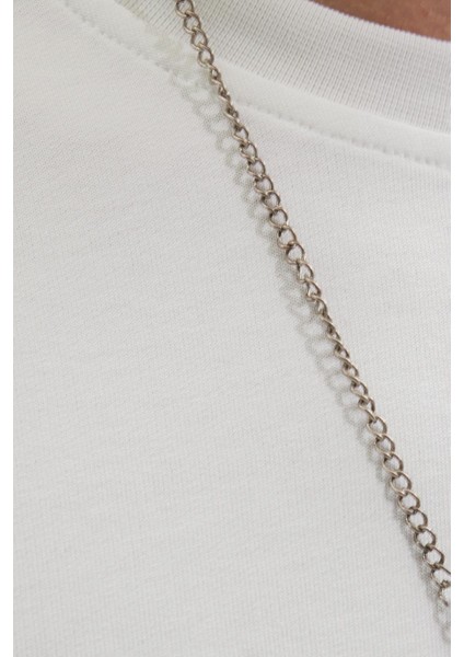 Erkek Relax Fit Rahat Kesim %100 Pamuk 2 Iplik Bisiklet Yaka Beyaz Sweatshirt