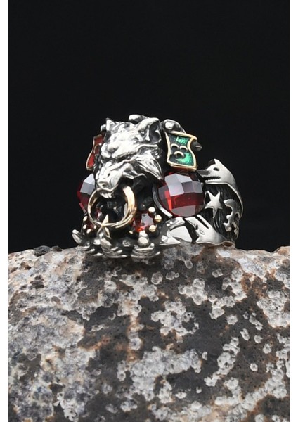 Ay Yıldızlı - Ay Yıldız ve Kurt Figürlü ve Kırmızı Zirkon Taşlı 925 Ayar Gümüş Erkek Yüzük 902327