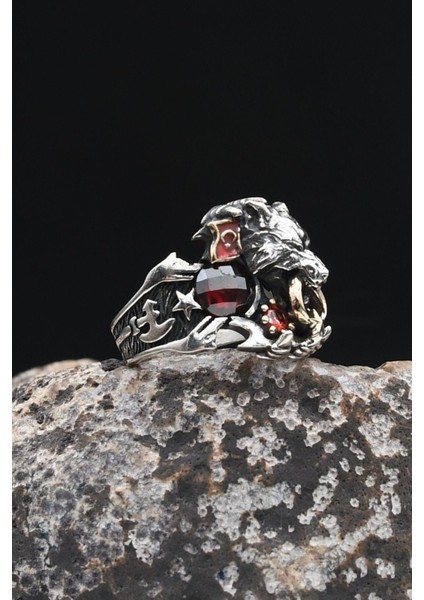 Ay Yıldızlı - Ay Yıldız ve Kurt Figürlü ve Kırmızı Zirkon Taşlı 925 Ayar Gümüş Erkek Yüzük 902327 fiyatları