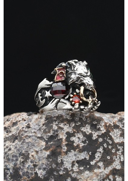 Ay Yıldızlı - Ay Yıldız ve Kurt Figürlü ve Kırmızı Zirkon Taşlı 925 Ayar Gümüş Erkek Yüzük 902327 modelleri