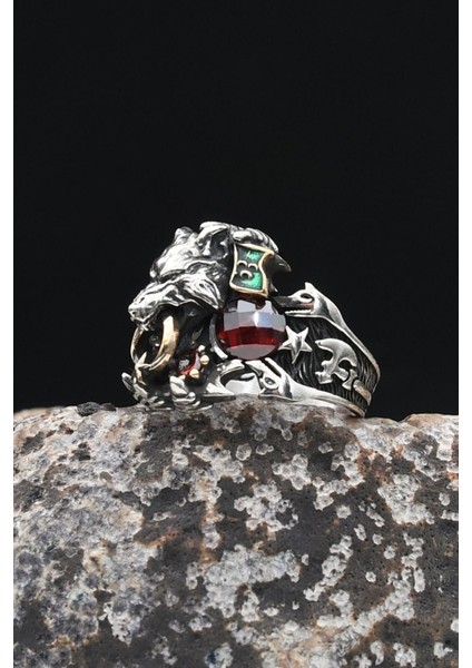 Ay Yıldızlı - Ay Yıldız ve Kurt Figürlü ve Kırmızı Zirkon Taşlı 925 Ayar Gümüş Erkek Yüzük 902327 fırsatları