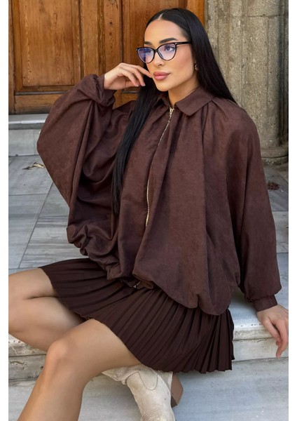 Kadın Yarasa Kol Oversize Süet Ceket P-00018860