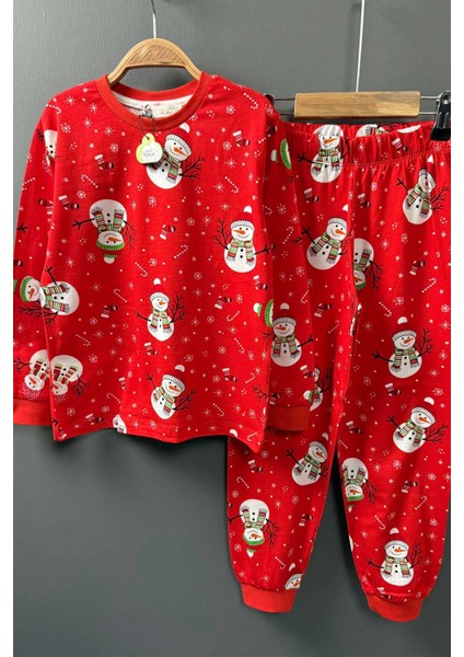 Erkek Çocuk Üzeri Kardan Adam ve Noel Baskılı Kırmızı Pijama Takımı