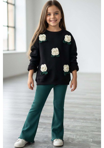 Kız Çocuk Üzeri Gül Figürlü 3 Iplik Siyah Kazak Bol Kesim Skuba Kumaş Alt Üst Takım