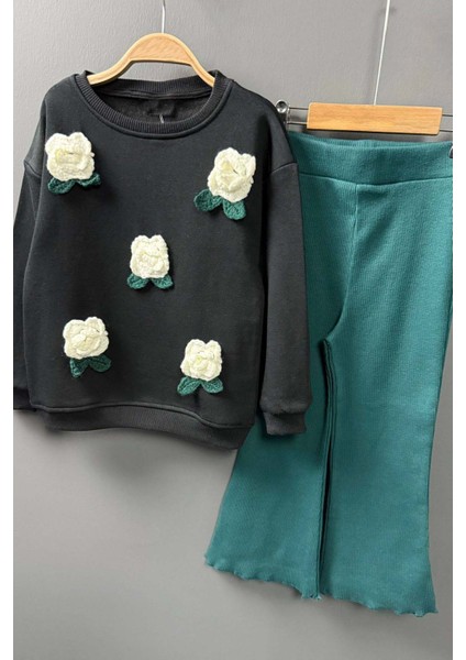 Kız Çocuk Üzeri Gül Figürlü 3 Iplik Siyah Kazak Bol Kesim Skuba Kumaş Alt Üst Takım fırsatları