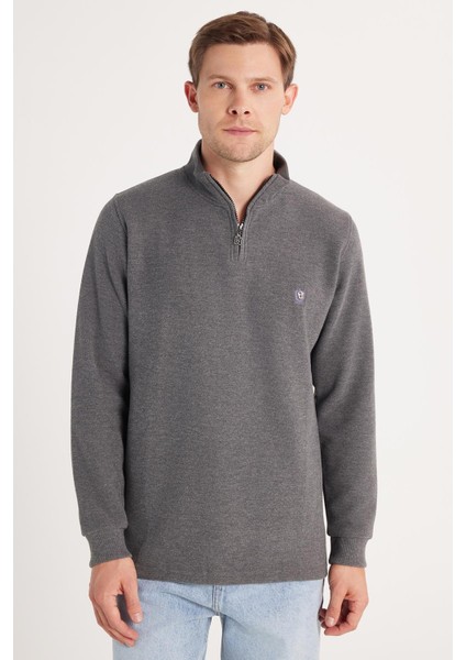 Erkek Slim Fit Dar Kesim Pamuklu Selanik Kumaş Yarım Fermuarlı Antrasit Dik Yaka Sweatshirt