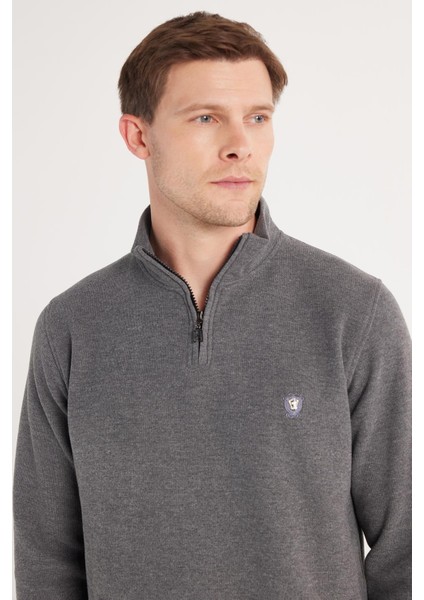 Erkek Slim Fit Dar Kesim Pamuklu Selanik Kumaş Yarım Fermuarlı Antrasit Dik Yaka Sweatshirt fiyatları