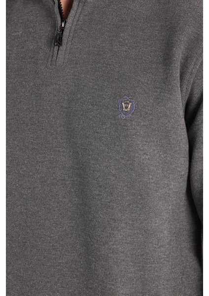 Erkek Slim Fit Dar Kesim Pamuklu Selanik Kumaş Yarım Fermuarlı Antrasit Dik Yaka Sweatshirt modelleri