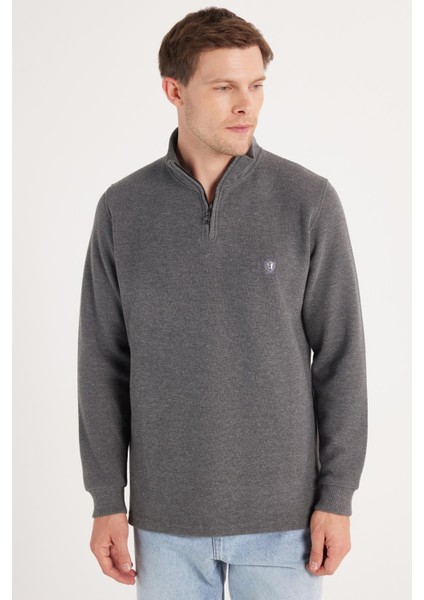 Erkek Slim Fit Dar Kesim Pamuklu Selanik Kumaş Yarım Fermuarlı Antrasit Dik Yaka Sweatshirt fırsatları
