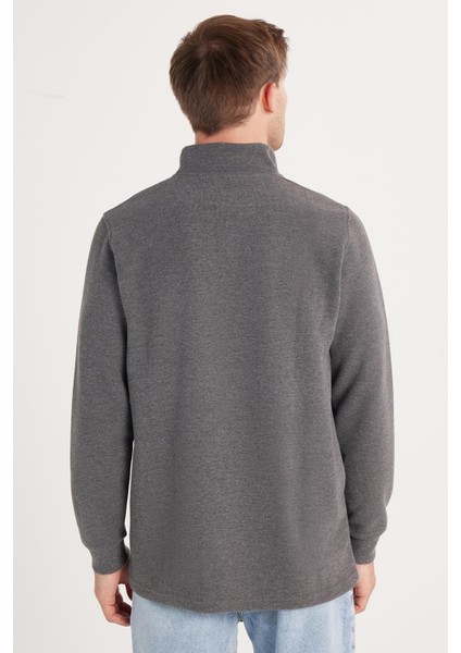 Erkek Slim Fit Dar Kesim Pamuklu Selanik Kumaş Yarım Fermuarlı Antrasit Dik Yaka Sweatshirt indirimleri