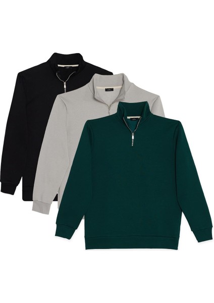 Unisex 3'lü Paket Siyah-Taş-Haki Relax Fit Pamuklu Yarım Fermuarlı Dik Yaka Sweatshirt
