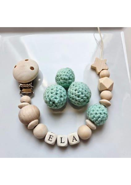 Yıldızlı Su Yeşili Isimli Bebek Emzik Zinciri Askısı