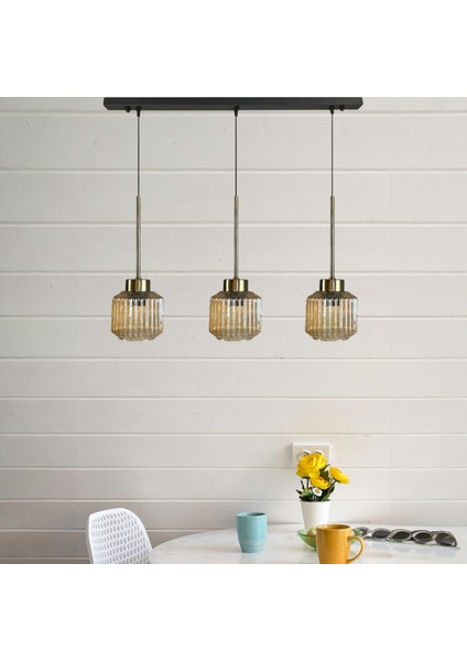 Jerno Cam Bal Rengi Üçlü Avize Ince Eskitme Başlık Retro Sarkıt Lamba Salon Aydınlatma