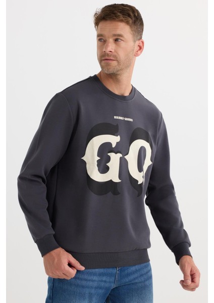 Erkek Relax Fit Rahat Kesim Pamuklu Lastikli Kol Bisiklet Yaka Baskılı Antrasit Sweatshirt