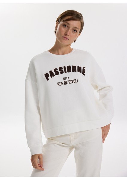 Bisiklet Yaka Baskılı Beyaz Kadın Sweatshırt F5WL-SWT0232