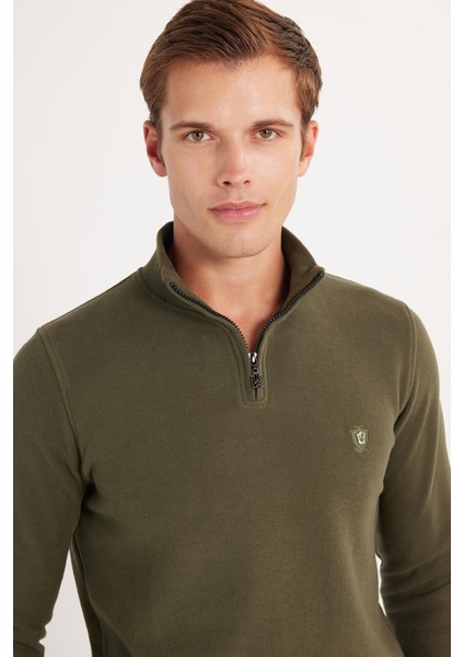 Erkek Slim Fit Dar Kesim Pamuklu Selanik Kumaş Yarım Fermuarlı Haki Dik Yaka Sweatshirt fiyatları