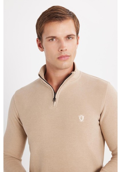 Erkek Slim Fit Dar Kesim Pamuklu Selanik Kumaş Yarım Fermuarlı Taş Dik Yaka Sweatshirt fiyatları