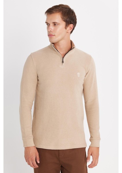 Erkek Slim Fit Dar Kesim Pamuklu Selanik Kumaş Yarım Fermuarlı Taş Dik Yaka Sweatshirt fırsatları