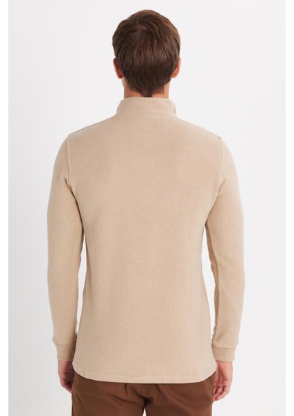 Erkek Slim Fit Dar Kesim Pamuklu Selanik Kumaş Yarım Fermuarlı Taş Dik Yaka Sweatshirt indirimleri