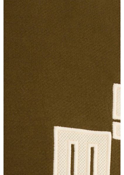 Erkek Relax Fit Rahat Kesim Pamuklu Lastikli Kol Bisiklet Yaka Baskılı Haki Sweatshirt