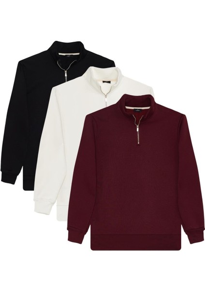 Unisex 3'lü Paket Siyah-Beyaz-Bordo Relax Fit Pamuklu Yarım Fermuarlı Dik Yaka Sweatshirt