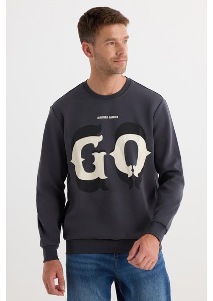 Erkek Relax Fit Rahat Kesim Pamuklu Lastikli Kol Bisiklet Yaka Baskılı Antrasit Sweatshirt indirimleri