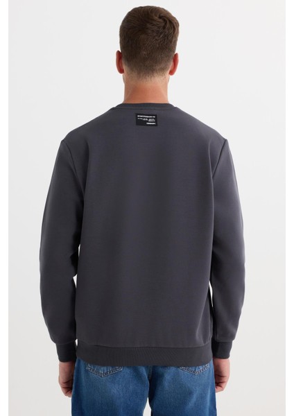 Erkek Relax Fit Rahat Kesim Pamuklu Lastikli Kol Bisiklet Yaka Baskılı Antrasit Sweatshirt