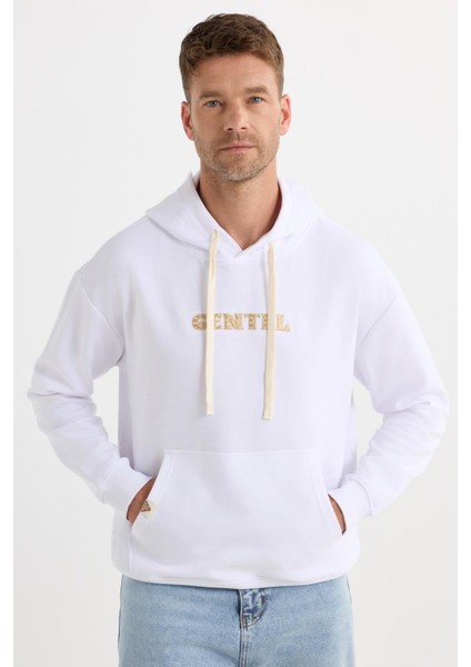 Erkek Oversize Geniş Kesim Pamuklu Baskılı Beyaz Kapüşonlu Sweatshirt