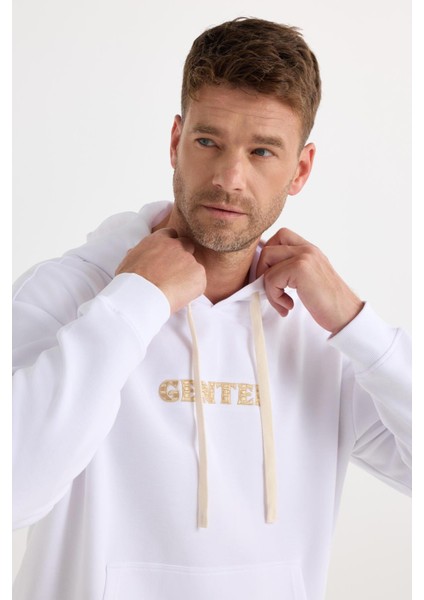 Erkek Oversize Geniş Kesim Pamuklu Baskılı Beyaz Kapüşonlu Sweatshirt fiyatları