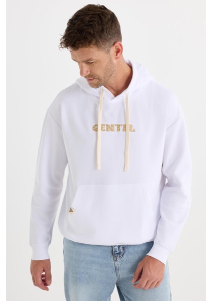 Erkek Oversize Geniş Kesim Pamuklu Baskılı Beyaz Kapüşonlu Sweatshirt fırsatları