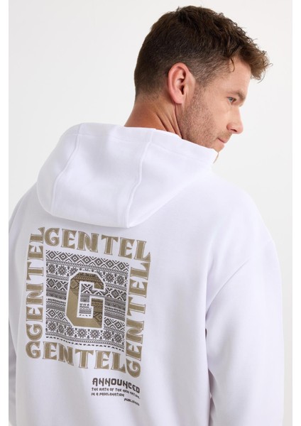 Erkek Oversize Geniş Kesim Pamuklu Baskılı Beyaz Kapüşonlu Sweatshirt