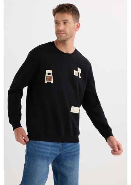 Erkek Relax Fit Rahat Kesim Pamuklu Lastikli Kol Bisiklet Yaka Baskılı Siyah Sweatshirt fırsatları