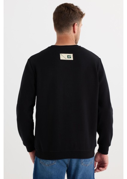 Erkek Relax Fit Rahat Kesim Pamuklu Lastikli Kol Bisiklet Yaka Baskılı Siyah Sweatshirt