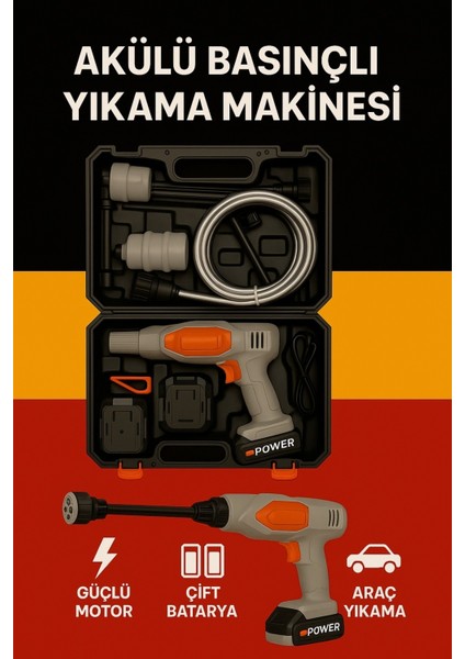 Şarjlı Basınçlı Araç Yıkama Makinesi | 175 Psı Güç | 2.7l/dk Su AKIŞI-21V Çift Batarya modelleri