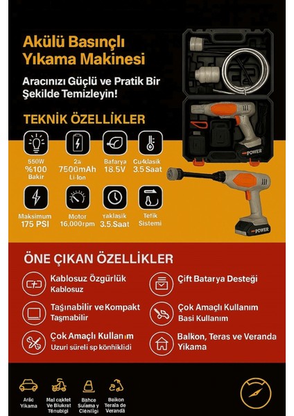 Şarjlı Basınçlı Araç Yıkama Makinesi | 175 Psı Güç | 2.7l/dk Su AKIŞI-21V Çift Batarya fırsatları