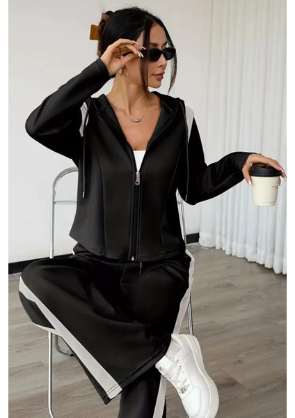 Kadın Şerit Detaylı Kapüşonlu Sweat Bel Lastikli Palazzo Pantolon Ikili Takım P-00018853