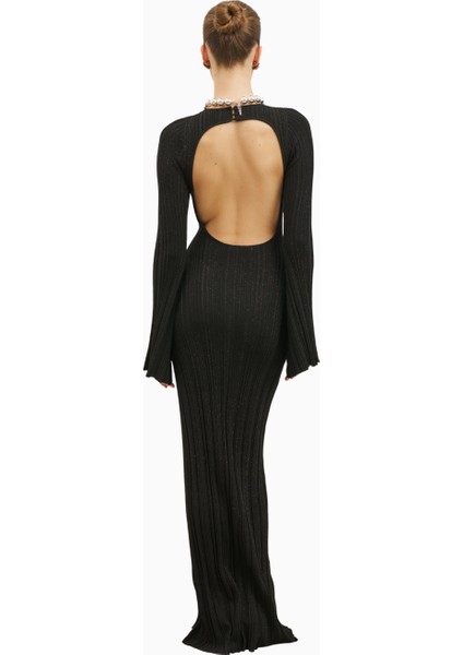 Fine Knit Longsleeve Open Back Maxi Dress Shimmer Ribbed Knit Kadın Elbise modelleri