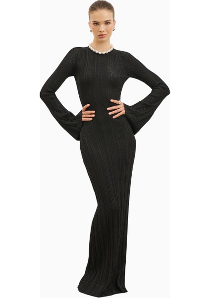 Fine Knit Longsleeve Open Back Maxi Dress Shimmer Ribbed Knit Kadın Elbise fırsatları