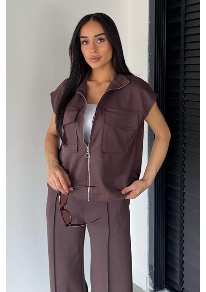 Kadın Çift Cepli Yelek Bel Lastikli Çimalı Palazzo Pantolon Ikili Takım P-00018852