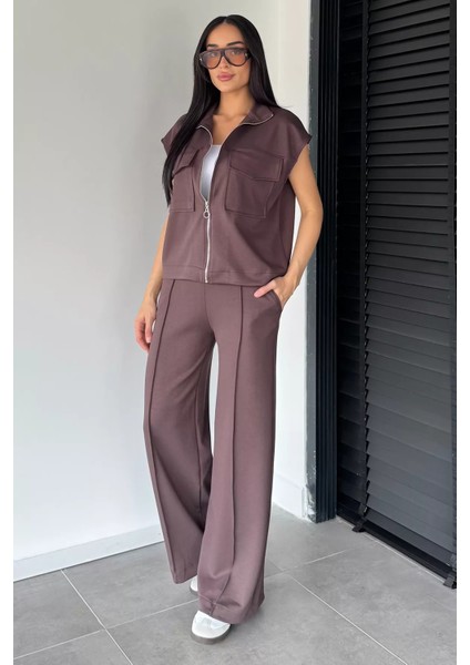 Kadın Çift Cepli Yelek Bel Lastikli Çimalı Palazzo Pantolon Ikili Takım P-00018852 fiyatları