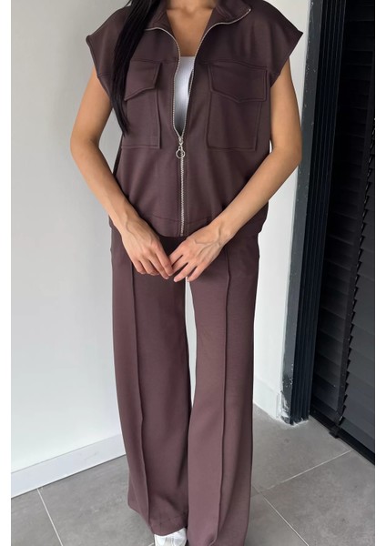 Kadın Çift Cepli Yelek Bel Lastikli Çimalı Palazzo Pantolon Ikili Takım P-00018852 modelleri