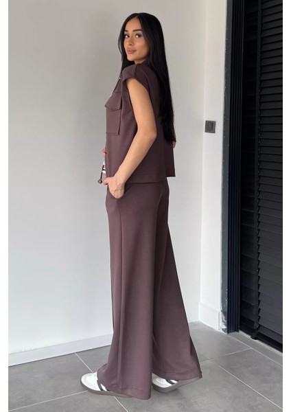 Kadın Çift Cepli Yelek Bel Lastikli Çimalı Palazzo Pantolon Ikili Takım P-00018852 fırsatları