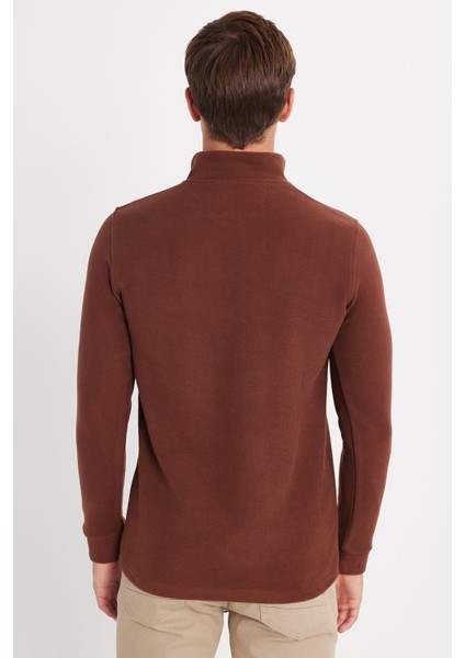 Erkek Slim Fit Dar Kesim Pamuklu Selanik Kumaş Yarım Fermuarlı Kahverengi Dik Yaka Sweatshirt indirimleri