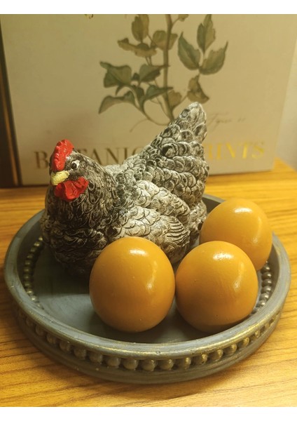 Dekoratif Tavuk ve Yumurtalar Tepsili Biblo Set - Bereket ve Bolluk Temalı Gri Tavuk Figürü