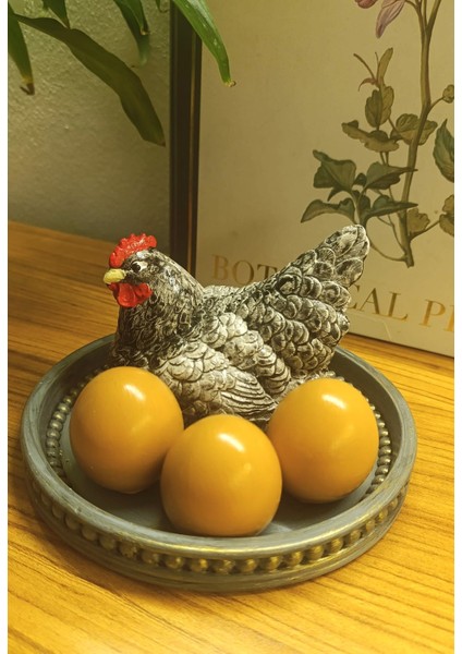 Dekoratif Tavuk ve Yumurtalar Tepsili Biblo Set - Bereket ve Bolluk Temalı Gri Tavuk Figürü fiyatları