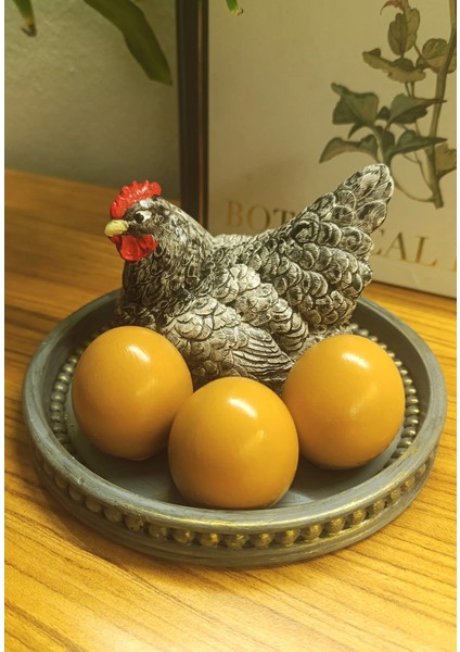 Dekoratif Tavuk ve Yumurtalar Tepsili Biblo Set - Bereket ve Bolluk Temalı Gri Tavuk Figürü fırsatları