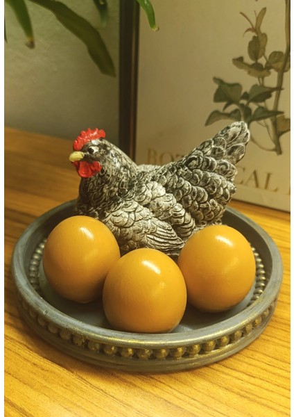 Dekoratif Tavuk ve Yumurtalar Tepsili Biblo Set - Bereket ve Bolluk Temalı Gri Tavuk Figürü